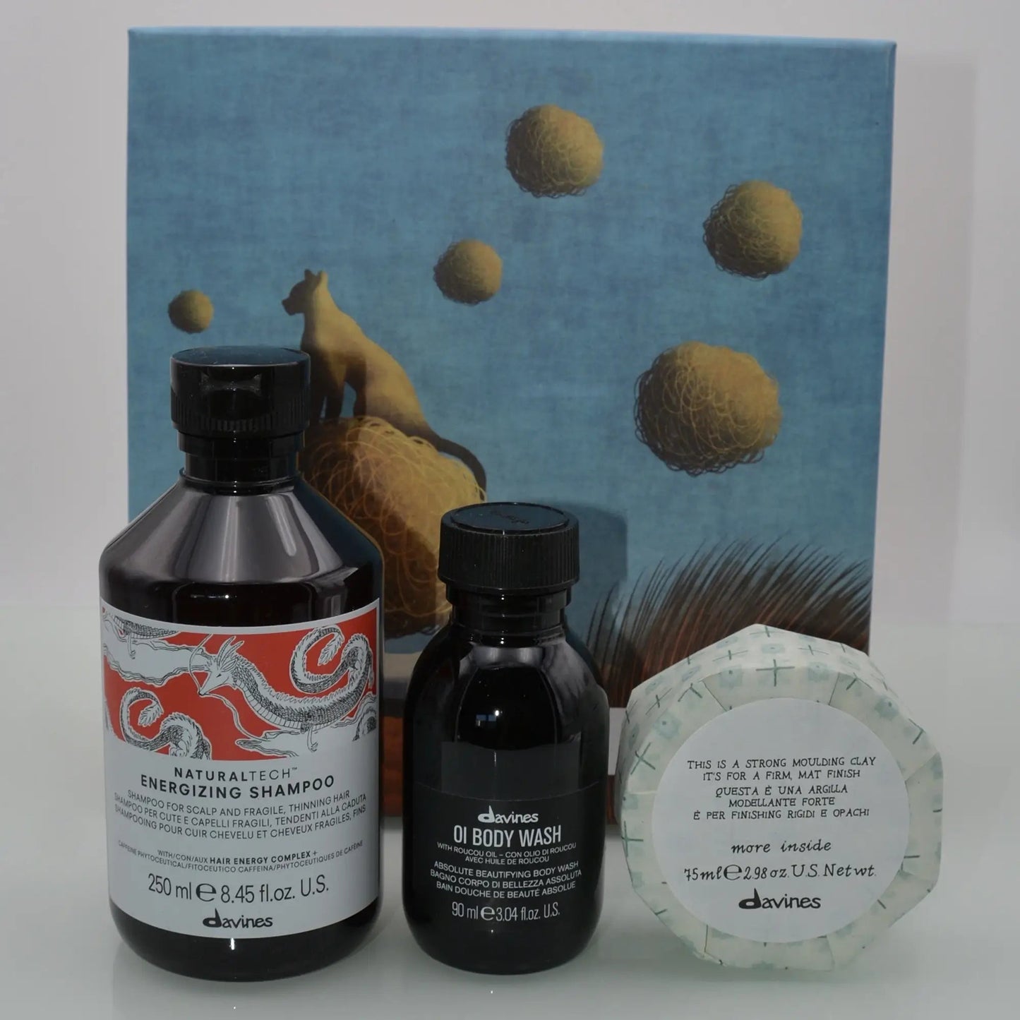 energizing box mit energizing shampoo 250ml, oi body wash 90ml und strong moulding clay