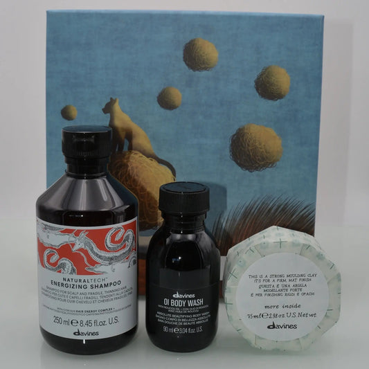 energizing box mit energizing shampoo 250ml, oi body wash 90ml und strong moulding clay